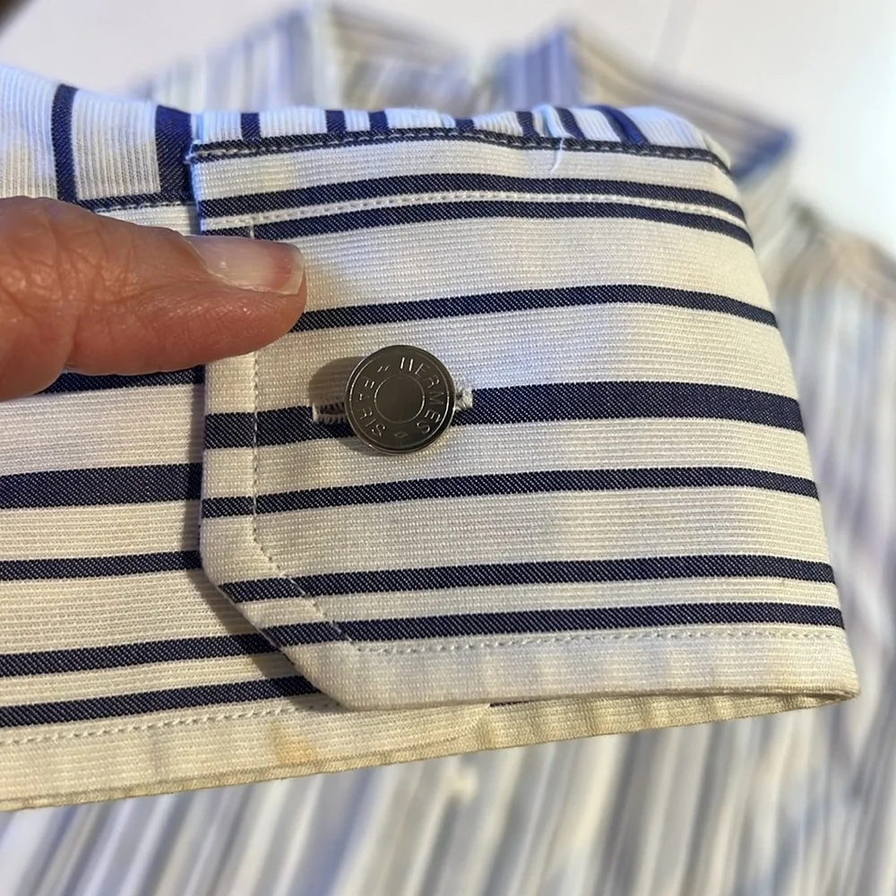 Hermés made in France men’s 43/17 button long sleeve shirt blue and white stripe - Picture 13 of 13